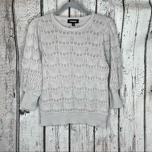 Express Light Gray‎ Lightweight Pullover Sweater 3/4 Puff Sleeves Open Knit XS!